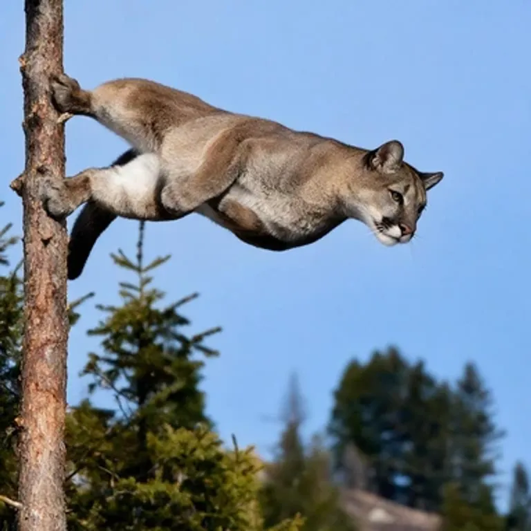 The original leap: a mountain lion mid-air off a pine trunk