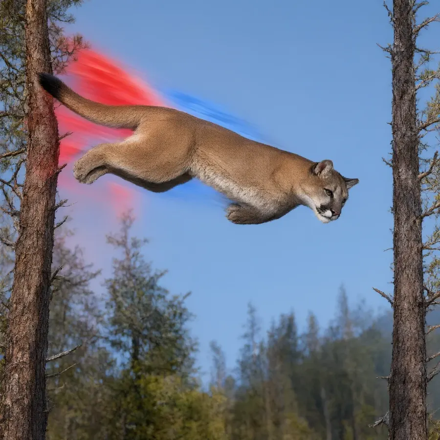 Spidercat: Puma swinging through the pines in a red and blue glow